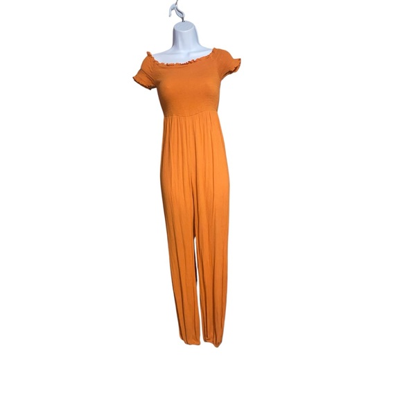Shirred orange off the shoulder Jumpsuit size small - Picture 1 of 5